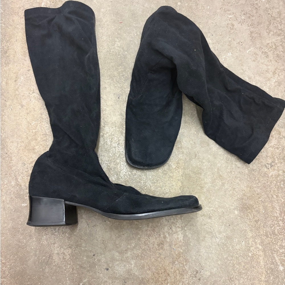 Franco sarto square toe block heel Black‎ microSuede Knee-High Boots